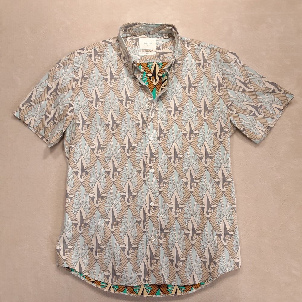 Billy Reid Kirby Mens Slim Fit SS Button Shirt S Beige Geometric Reverse Print